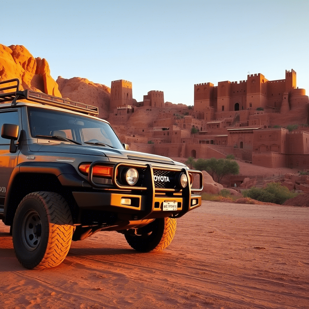 A Toyota 4x4 parked at Aït Benhaddou at golden hour